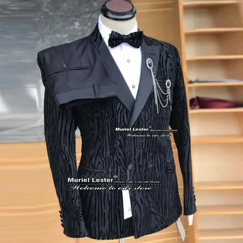 Черные Мужские костюмы, Формальный свадебный Смокинг, Блейзер для жениха, платье для выпускного вечера с цветочным рисунком, Элегантный Двубортный Пиджак + брюки